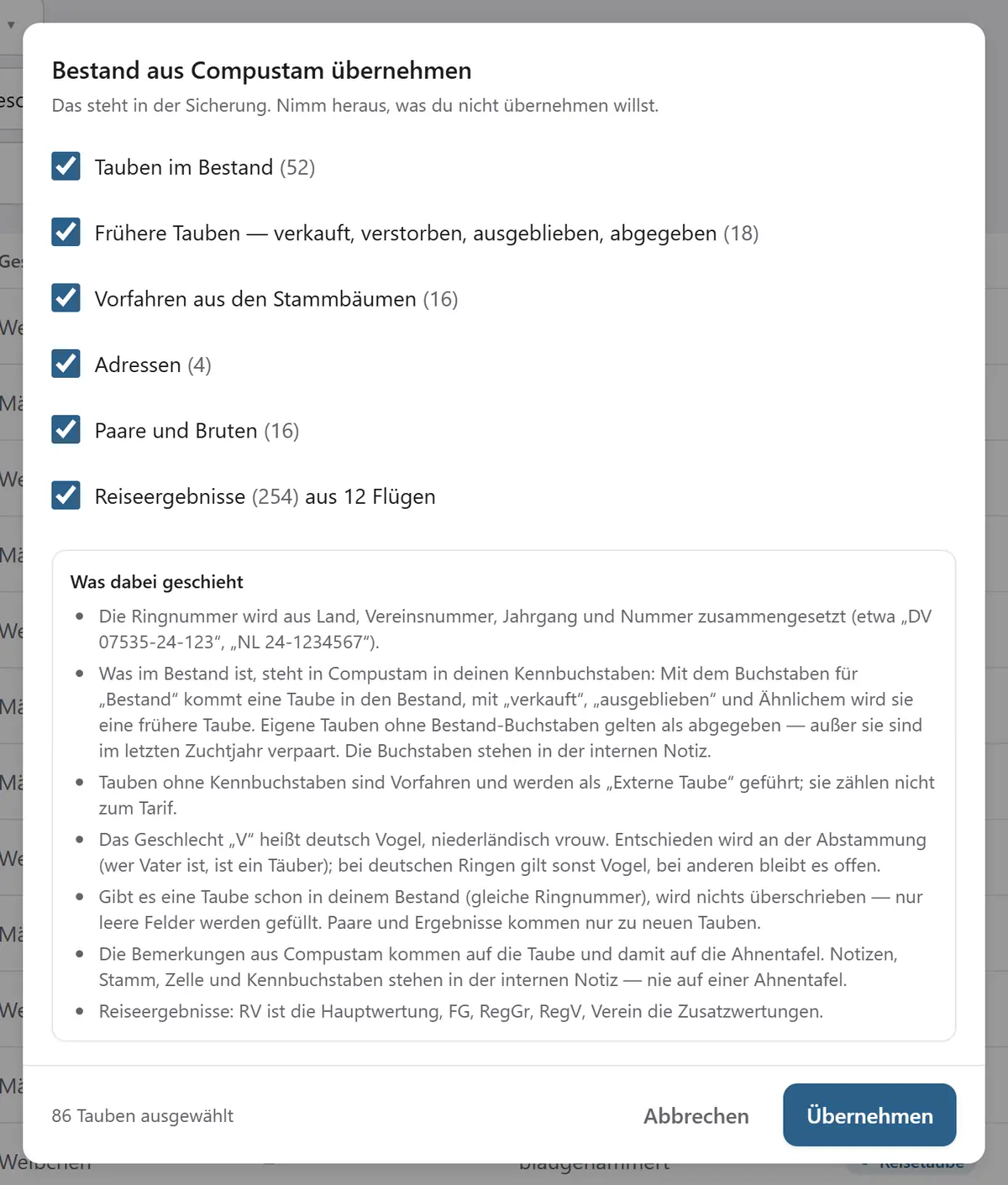 Die Vorschau der Übernahme aus Compustam: Tauben im Bestand, frühere Tauben, Vorfahren, Adressen, Paare und Bruten, Reiseergebnisse – jeweils mit Zahl und zum Abwählen