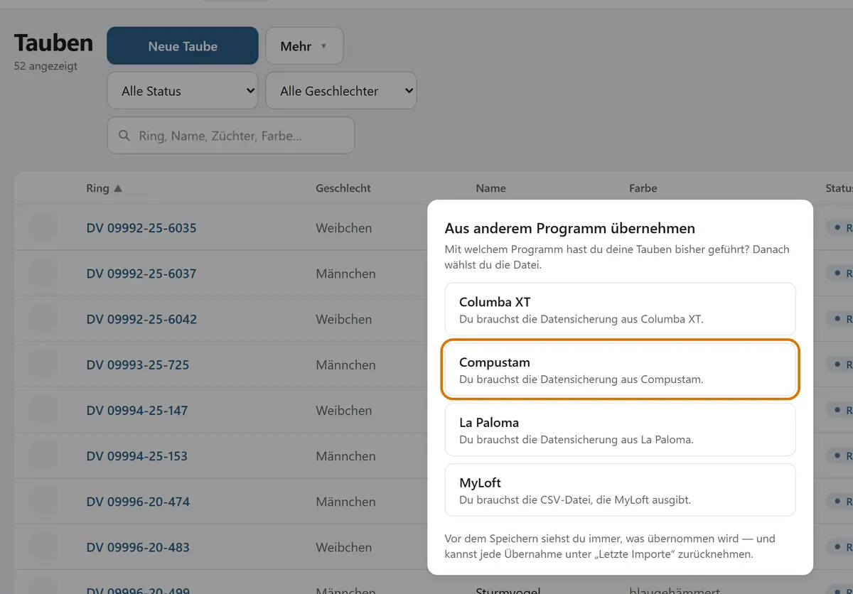 Die Taubenliste in pigeonroots mit dem Fenster „Aus anderem Programm übernehmen“, Compustam ist hervorgehoben