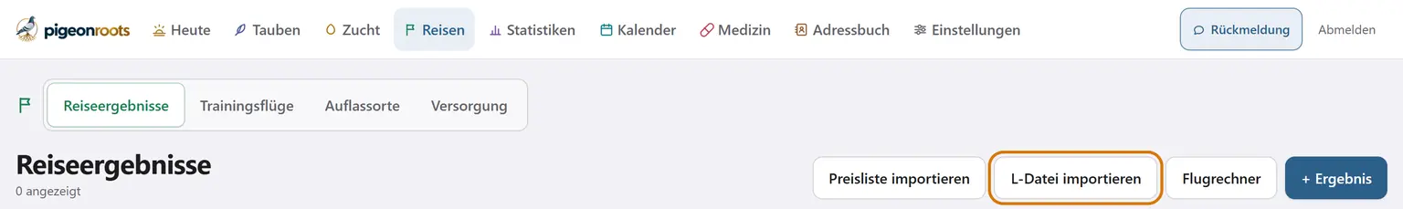 Die Seite Reiseergebnisse in pigeonroots mit dem Knopf „L-Datei importieren“ oben rechts