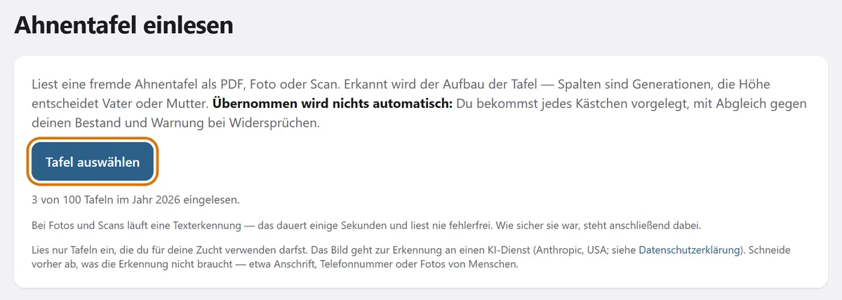 Die Seite „Ahnentafel einlesen“ in pigeonroots mit dem Knopf „Tafel auswählen“, hervorgehoben, und wie viele Tafeln schon eingelesen sind